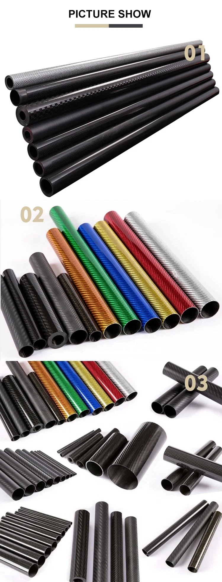 China Factory 15mm 20mm 12mm 10mm 8mm 6mm 4mm 2mm Wall Thickness 3K Twill Plain Pattern Roll Wrapped Round Carbon Fiber Tube Pipe